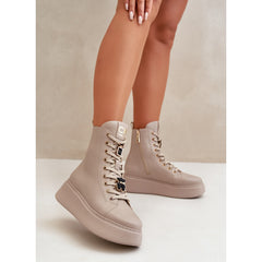 Women's Studded Leather Work Boots - Beige