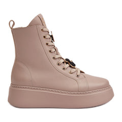 Women's Studded Leather Work Boots - Beige