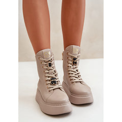 Women's Studded Leather Work Boots - Beige