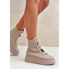 Women's Studded Leather Work Boots - Beige