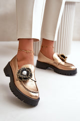 Leather Moccasins With Decorative Flower - Gold