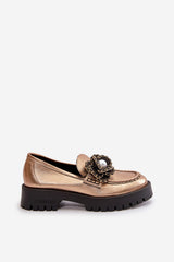 Leather Moccasins With Decorative Flower - Gold