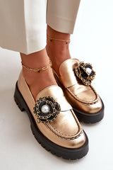 Leather Moccasins With Decorative Flower - Gold