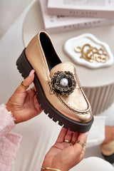 Leather Moccasins With Decorative Flower - Gold