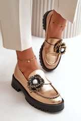 Leather Moccasins With Decorative Flower - Gold