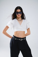 Λευκό Crop Top με Κοντά Μανίκια, V-Λαιμόκοψη & Κορδόνι