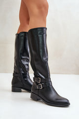 Women's Buckle Knee High Boots - Black