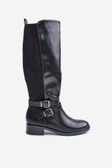 Women's Buckle Knee High Boots - Black