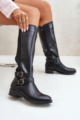 Women's Buckle Knee High Boots - Black