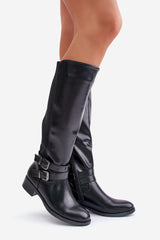 Women's Buckle Knee High Boots - Black