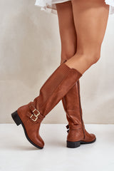 Women's Buckle Knee High Boots - Brown