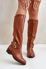 Women's Buckle Knee High Boots - Brown