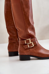 Women's Buckle Knee High Boots - Brown