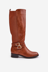 Women's Buckle Knee High Boots - Brown