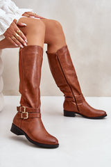 Women's Buckle Knee High Boots - Brown