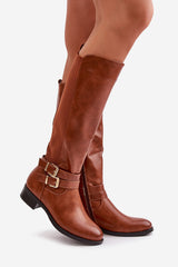 Women's Buckle Knee High Boots - Brown