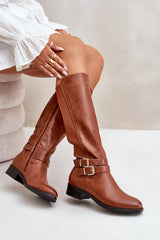 Women's Buckle Knee High Boots - Brown