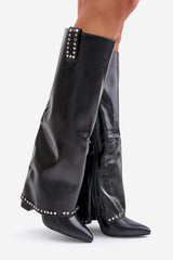 Women's High Heels Roll Up Boots - Black