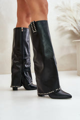 Women's High Heels Roll Up Boots - Black