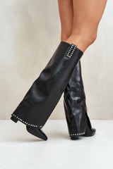 Women's High Heels Roll Up Boots - Black