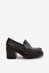 Women's Leather Loafers With Heel - Black