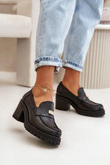 Women's Leather Loafers With Heel - Black