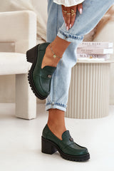 Women's Leather Loafers With Heel - Green