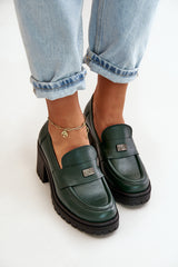 Women's Leather Loafers With Heel - Green