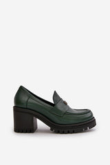 Women's Leather Loafers With Heel - Green