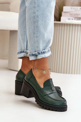 Women's Leather Loafers With Heel - Green