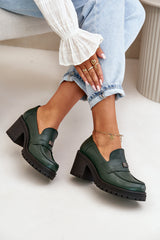 Women's Leather Loafers With Heel - Green