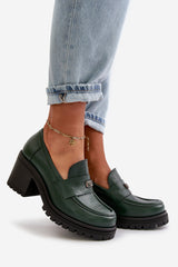 Women's Leather Loafers With Heel - Green