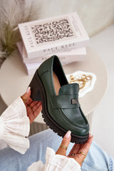 Women's Leather Loafers With Heel - Green