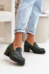 Women's Leather Loafers With Heel - Green