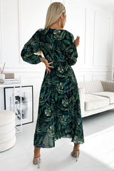 Scoop Neck Pleated Chiffon Long Dress With Belt - GREEN LEAVES