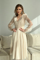 Evening Dress With Slightly Fringe Skirt In Beige