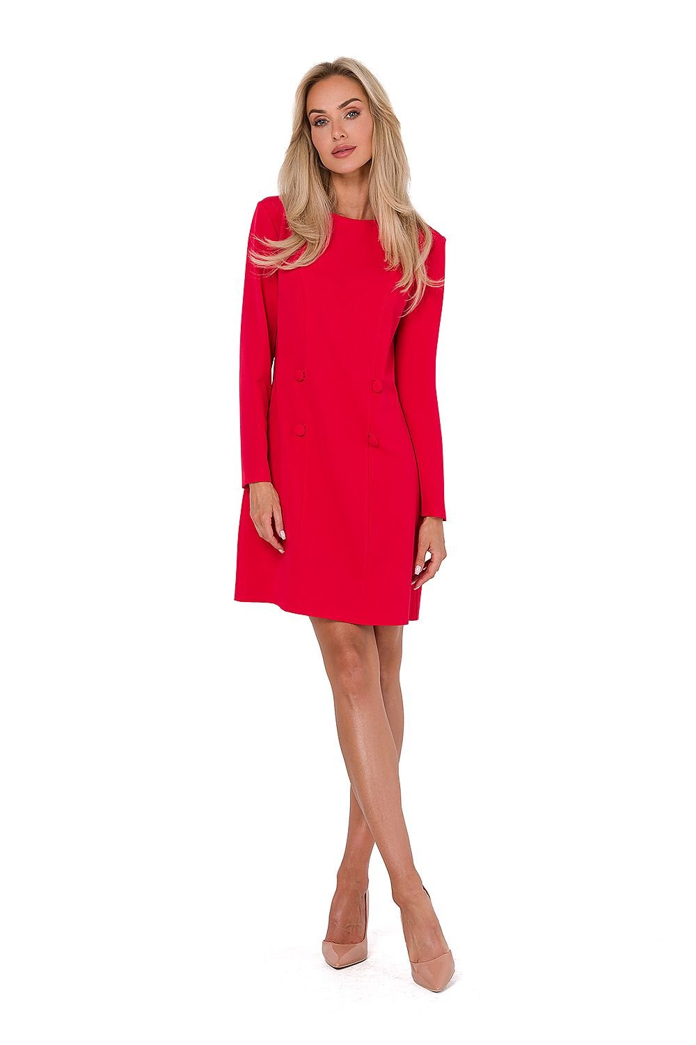 Shift Dress With Decorative Buttons - Red