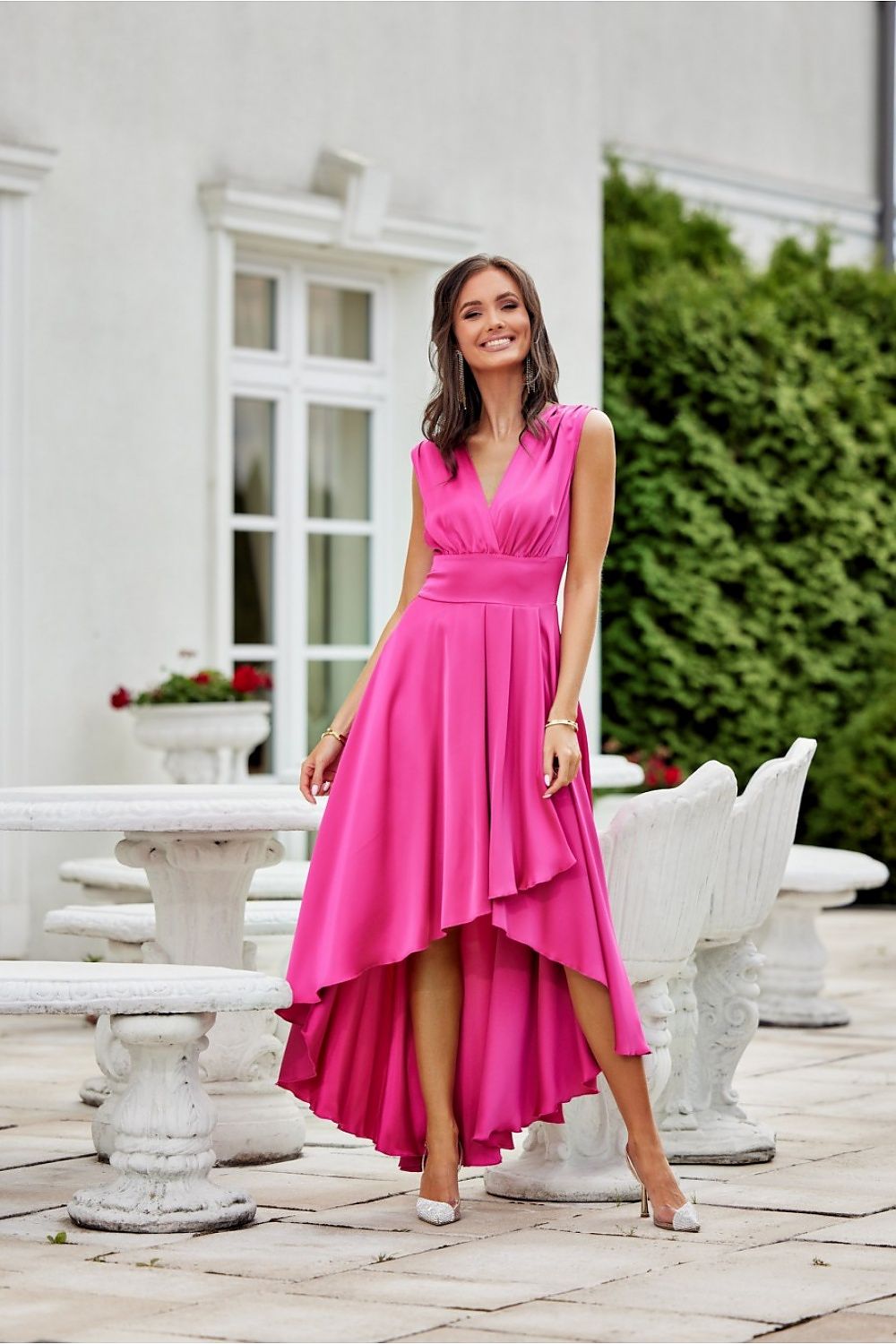 Evening Maxi Satin Dress In Fuchsia