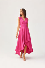 Evening Maxi Satin Dress In Fuchsia